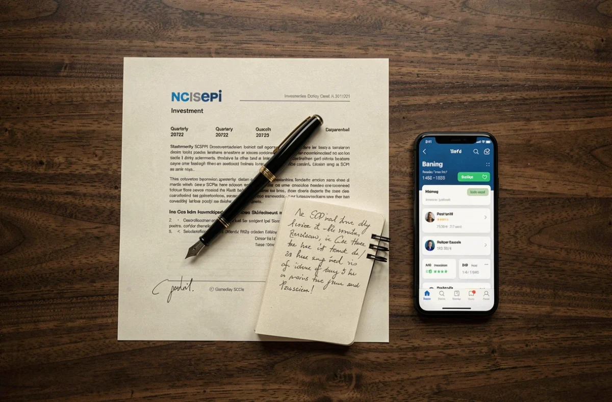 Relevé de SCPI avec dates de versement de dividendes, stylo et notes financières posés sur un bureau en noyer