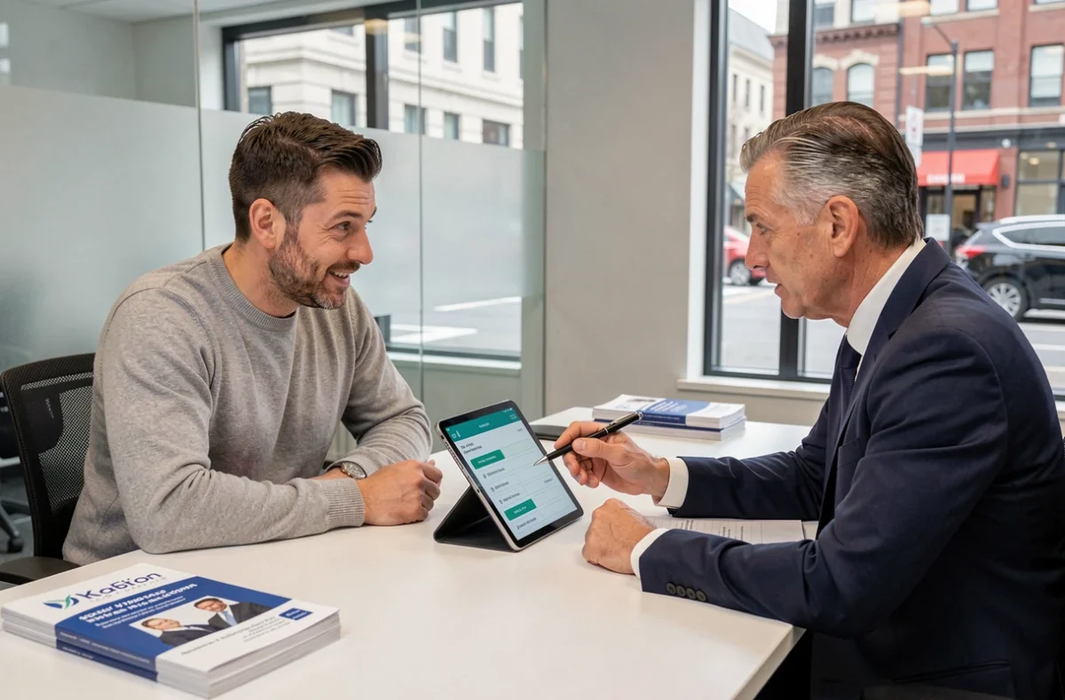 Homme en rendez-vous avec un conseiller pour comparer l'assurance Pacifica à une mutuelle concurrente