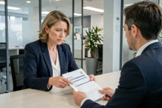 Une femme d'une quarantaine d'années examine ses documents de prêt immobilier avec un conseiller bancaire pour renégocier son taux face à l'évolution de l'Euribor 3 mois en 2026