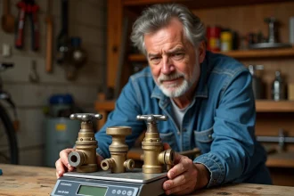 Homme d'âge moyen pesant des robinets anciens en atelier