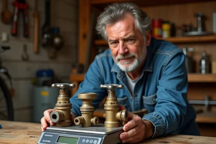 Homme d'âge moyen pesant des robinets anciens en atelier
