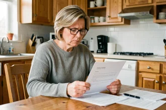 Femme consultant une lettre de résiliation d'assurance Matmut à sa table de cuisine, stylo à la main