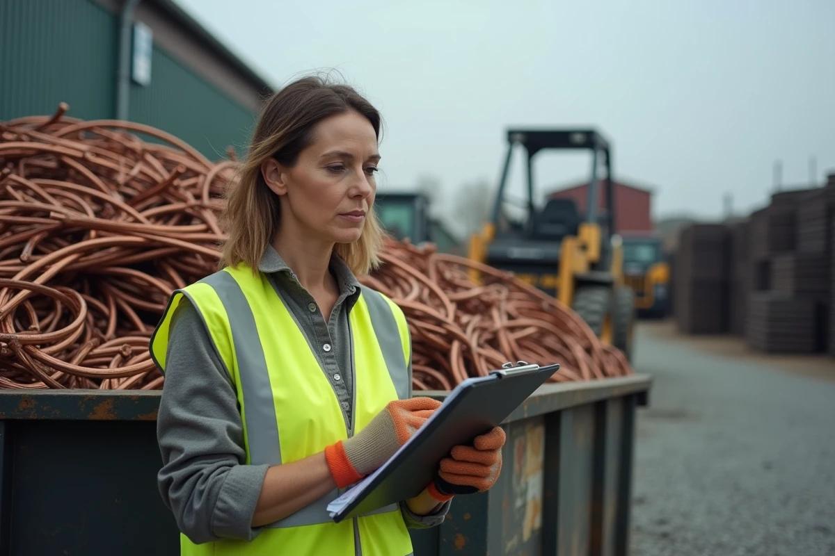 Femme responsable de chantier évaluant des câbles en cuivre dans une casse métallique en plein air