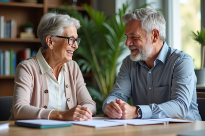 Retraitee souriante en conseil retraite dans un bureau lumineux