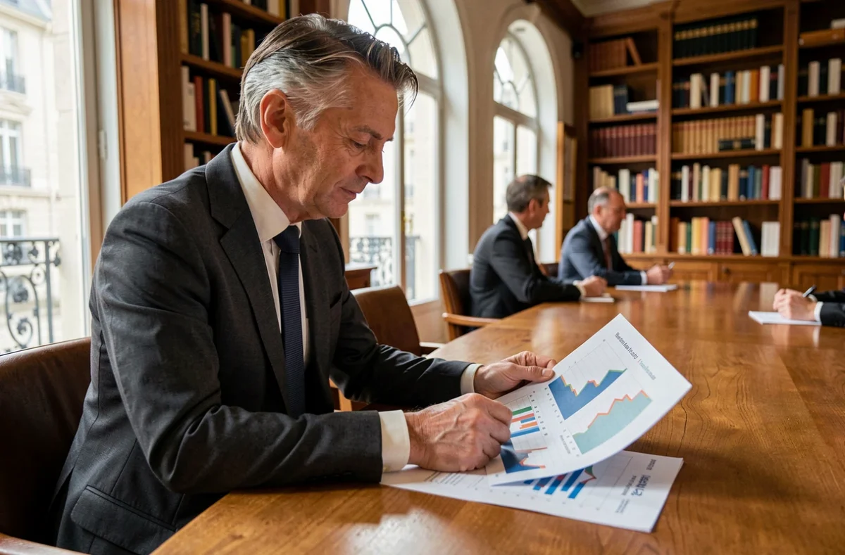 Élu parisien en costume gris analysant des graphiques budgétaires lors d'une réunion à l'Hôtel de Ville de Paris