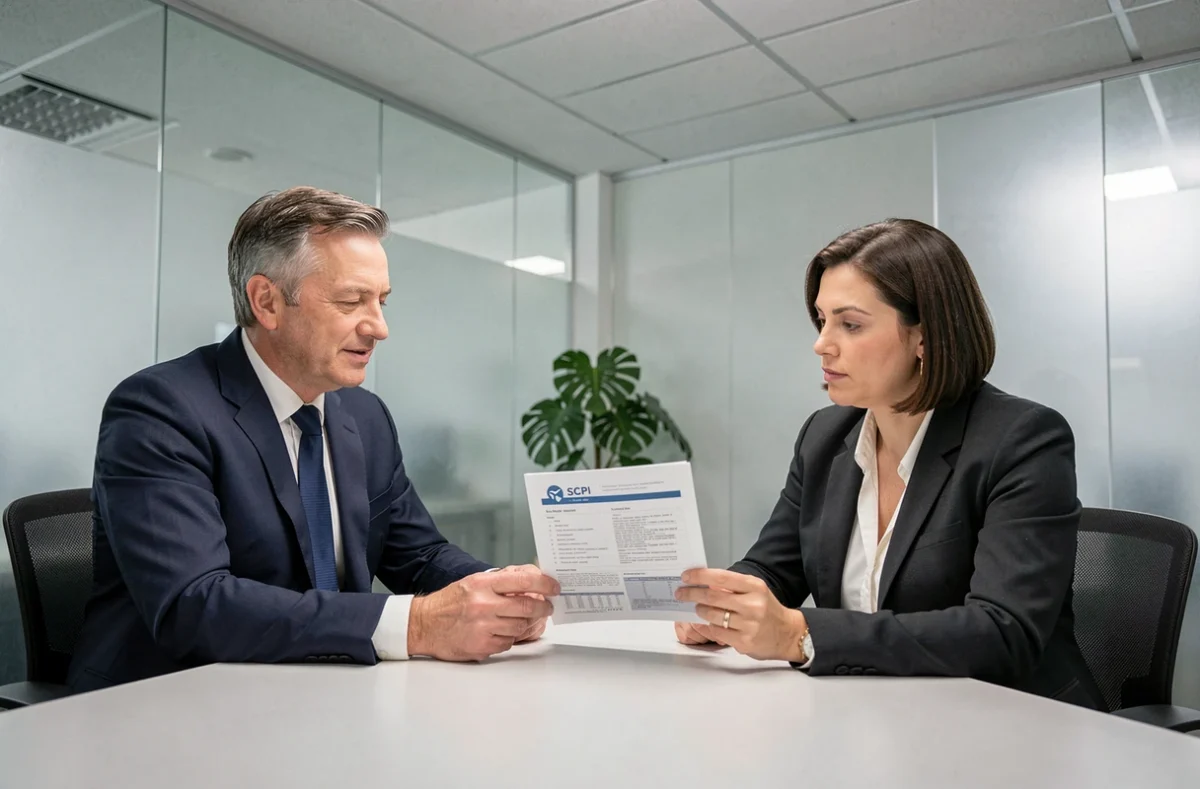 Deux professionnels en réunion discutant d'un investissement en SCPI Épargne Pierre autour d'un prospectus