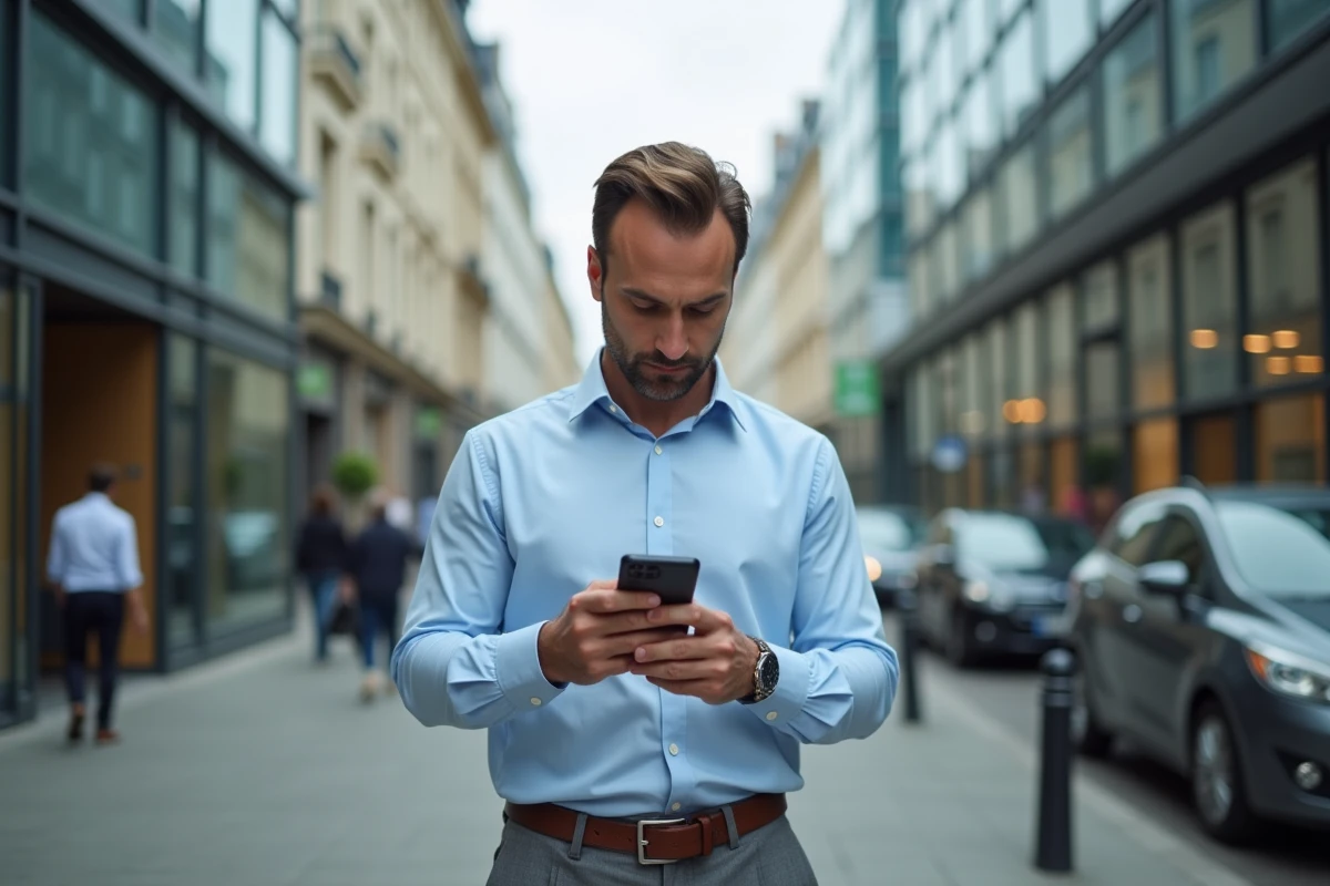 Cadre français consultant son téléphone devant un immeuble de bureaux, symbolisant le niveau de revenus moyen en France en 2026