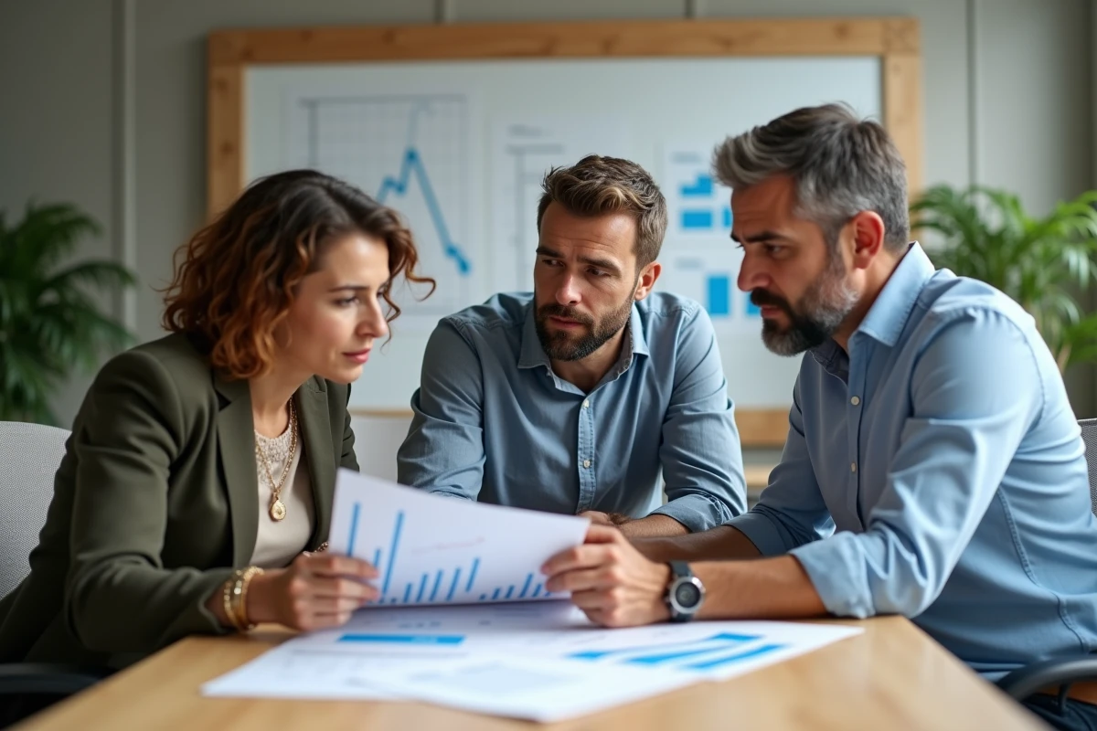 Groupe de collègues français discutant de données salariales dans un bureau moderne, illustrant les inégalités de revenus médians en France en 2026