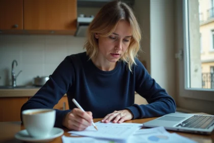 Femme française consultant ses finances personnelles à la table de cuisine, illustrant le revenu médian en France en 2026