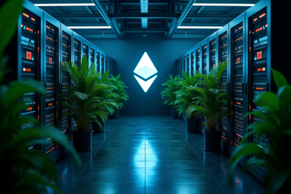 Salle serveur moderne avec logo Ethereum et plantes vertes