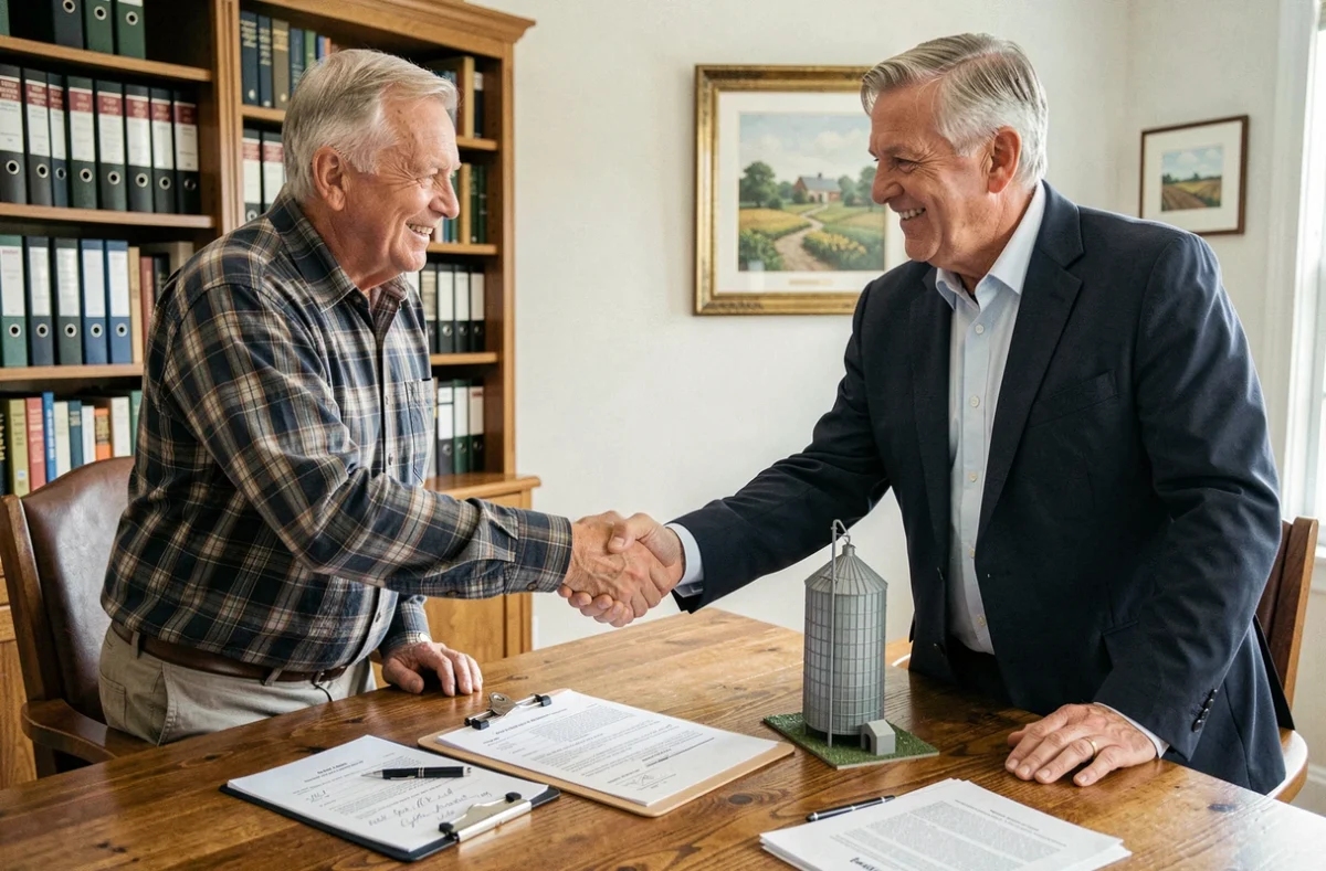 Agriculteur et conseiller agricole signant un contrat de fermage avec clause de révision du prix du blé