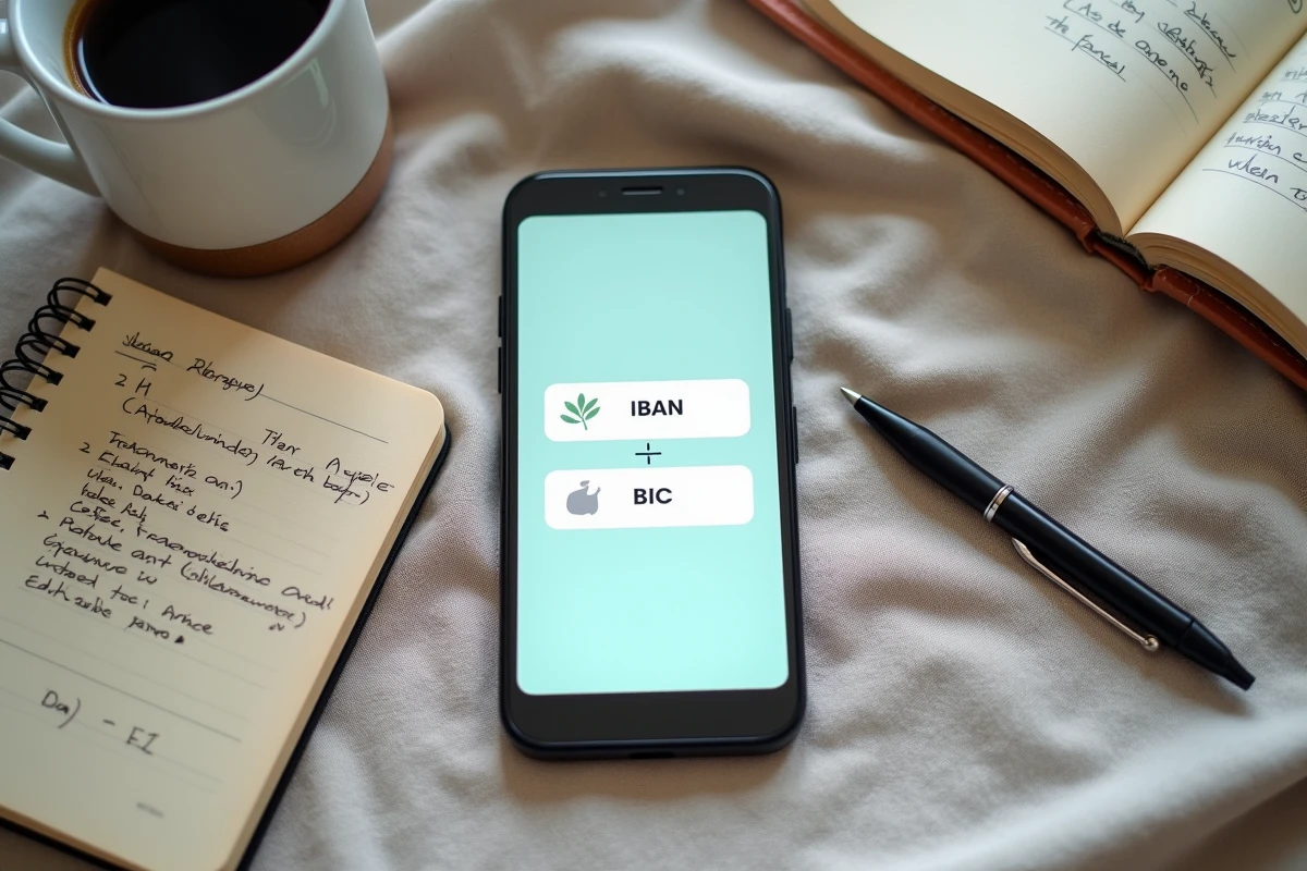 Smartphone affichant un IBAN et un code BIC Crédit Agricole sur une application bancaire mobile posé sur un bureau