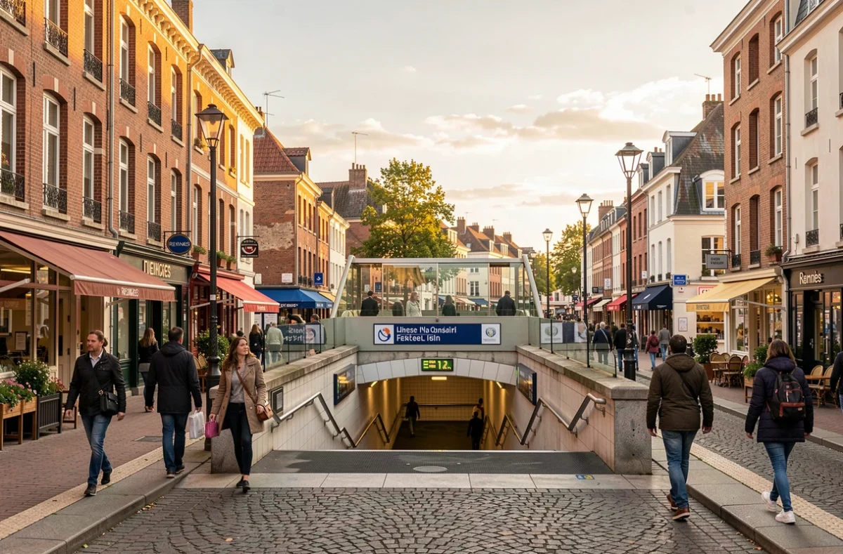 Station de métro et passants dans un quartier de Rennes