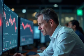 Trader professionnel analysant des graphiques boursiers en tendance baissière sur plusieurs écrans dans une salle de marché moderne