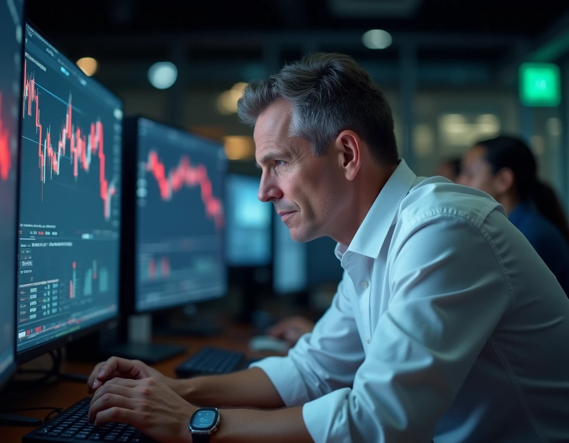 Trader professionnel analysant des graphiques boursiers en tendance baissière sur plusieurs écrans dans une salle de marché moderne