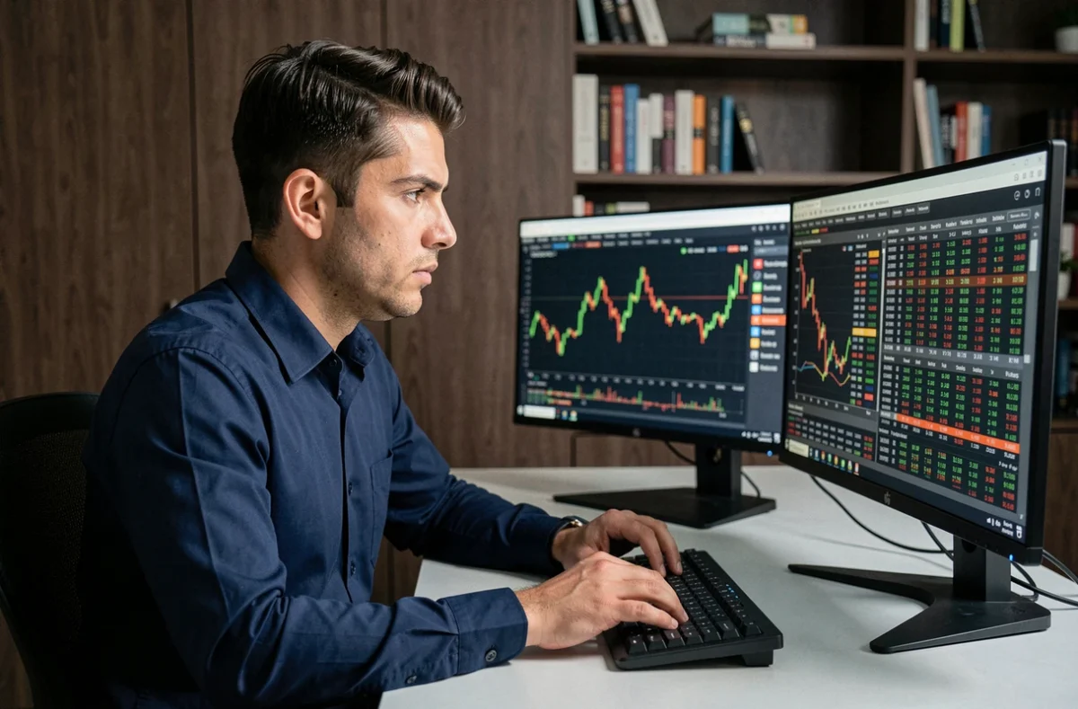 Trader professionnel analysant des graphiques haute fréquence sur plusieurs écrans dans un bureau moderne