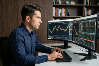 Trader professionnel analysant des graphiques haute fréquence sur plusieurs écrans dans un bureau moderne