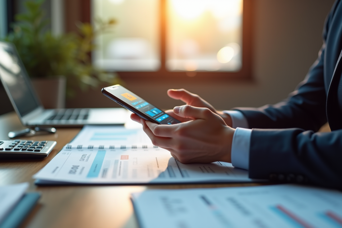 Personne utilisant une app defi sur smartphone avec papiers et calculatrice