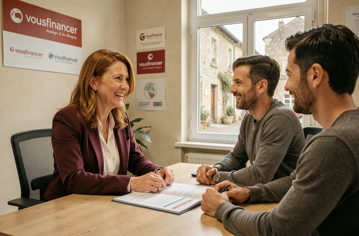 Une courtière Vousfinancer Dordogne discute d'un dossier de prêt immobilier avec un couple dans son agence